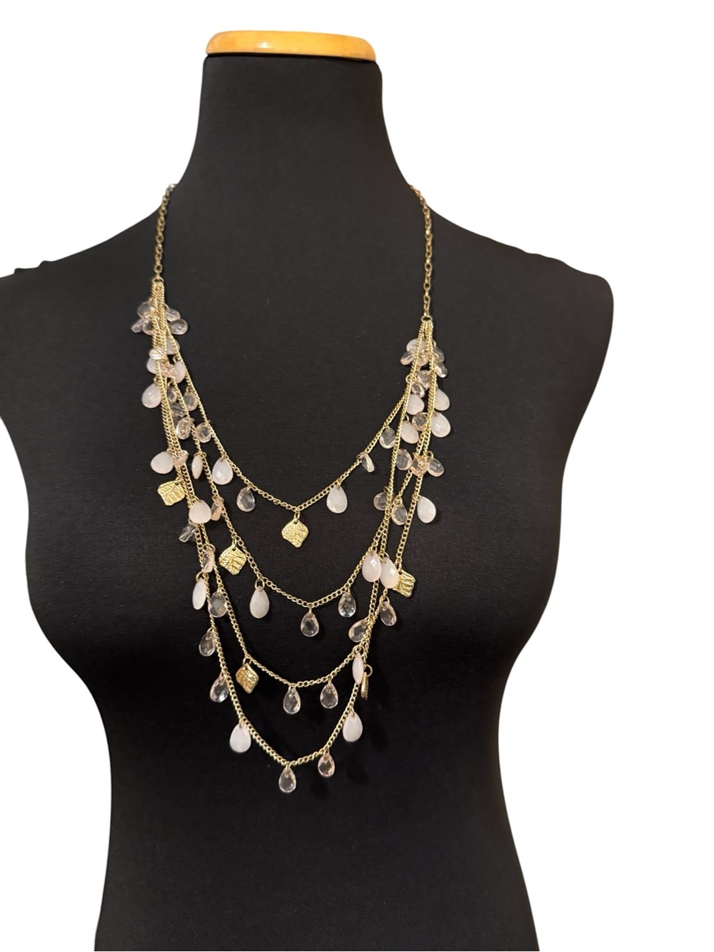 Gold Multi-Strand Teardrop Necklace with White Beads